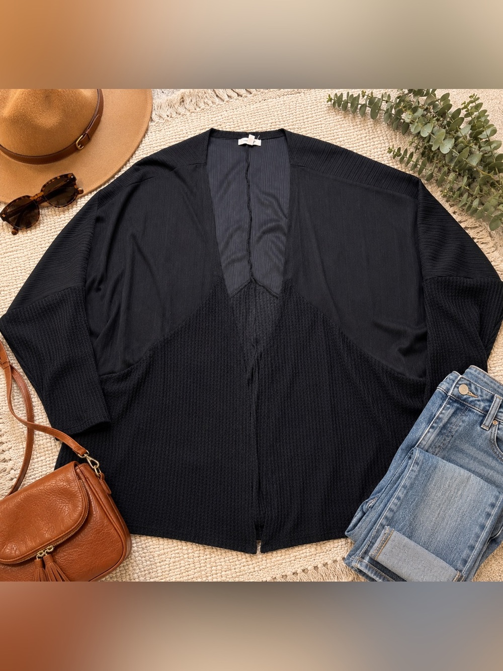 Maurices Women’s 1X Black Mixed Texture Open Front Cardigan Kimono Plus Size